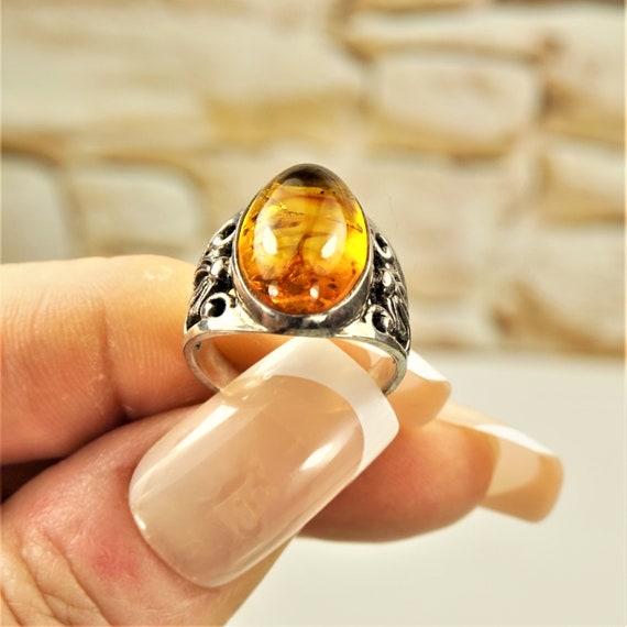 UNIQUE AMBER RING 5.75, 925 Sterling Silver, Fili… - image 4