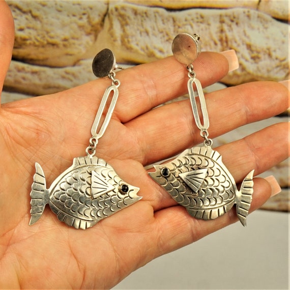 EXTRA LONG STERLING Fish Earrings, Mexico Taxco J… - image 3