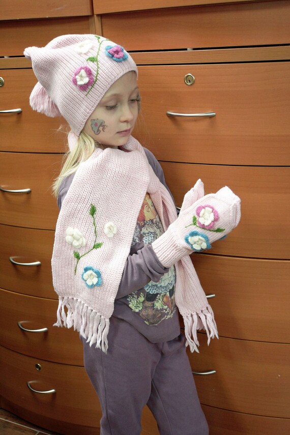WINTER SET For GIRL, Hat Scarf Mittens Set, Pink F