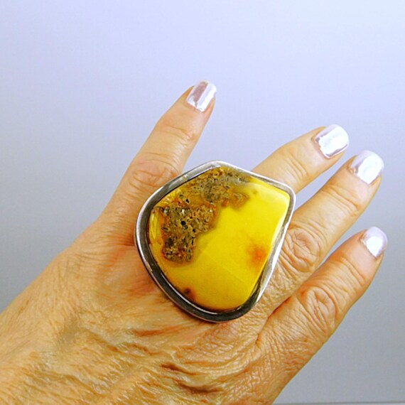 Giant Raw Butterscotch Amber Ring – 925 Sterling … - image 13