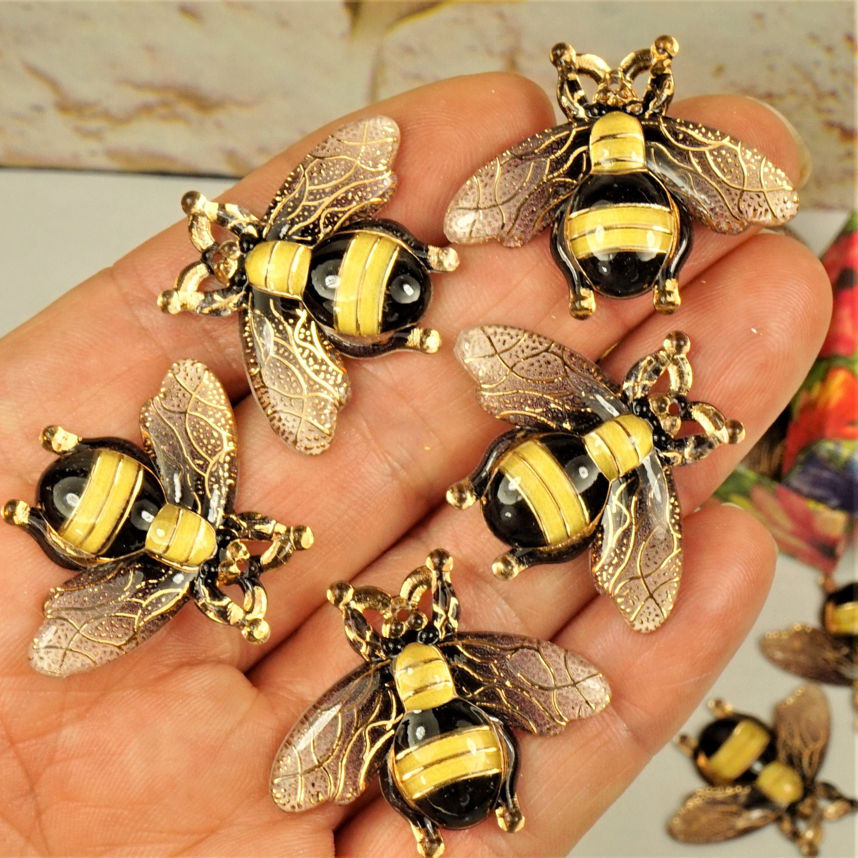 10pcs Yellow Bumble Bee Cabochons - 20mm Flat Back Resin Bees For Crafts & Decor