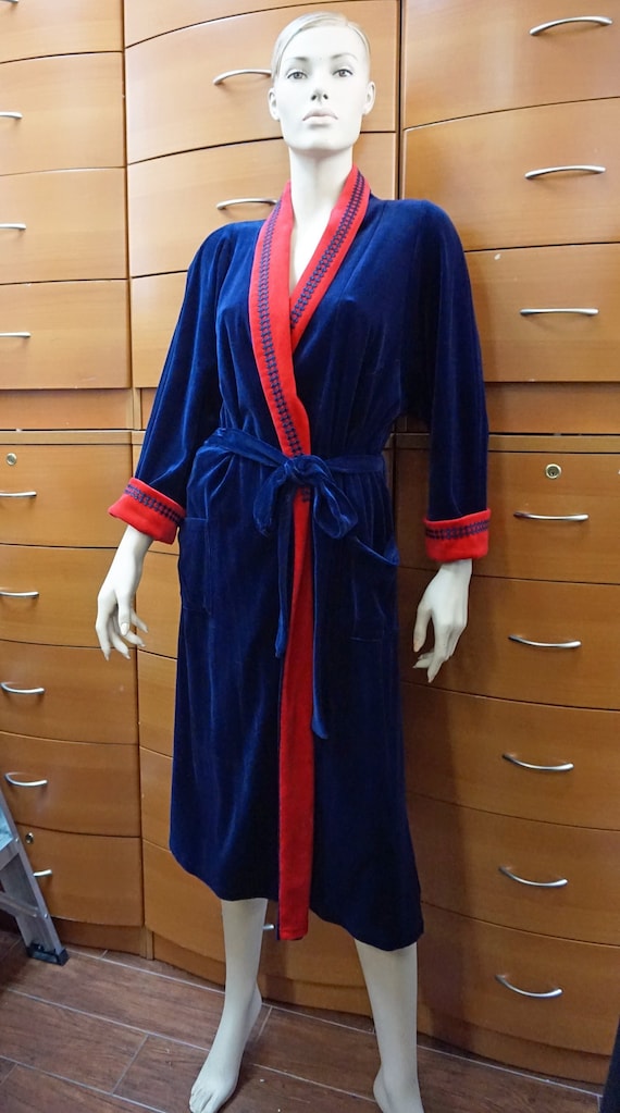 NAVY BLUE VELOUR Robe For Women, European Cotton M