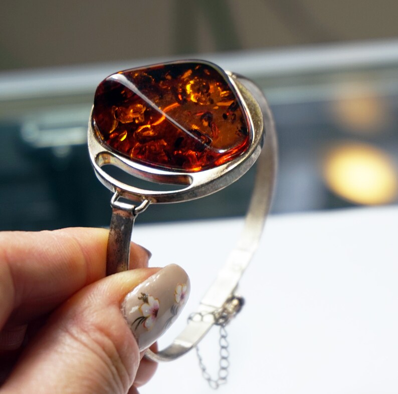 BALTIC AMBER SILVER Bracelet Big Cognac Amber Stone 925 Sterling Silver Bangle Bracelet 6.5 Unique Gift Ideas For Her Holiday Gift For Women