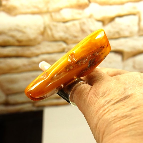 Giant Butterscotch Amber Sterling Silver Ring – O… - image 7