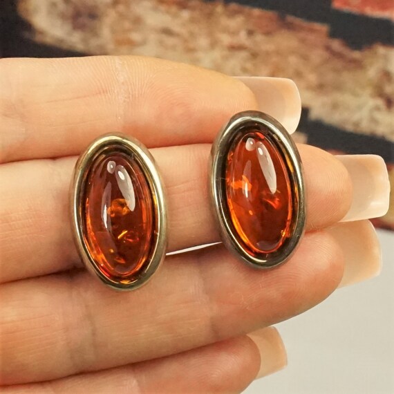 COGNAC AMBER 925 SILVER Oval Earrings, Estate Pol… - image 5