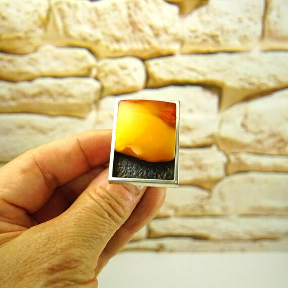 Massive Butterscotch Amber Ring | Modernist 925 S… - image 10
