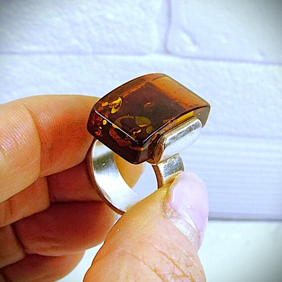 Rectangular Amber 925 Silver Ring - Opened Wide B… - image 12