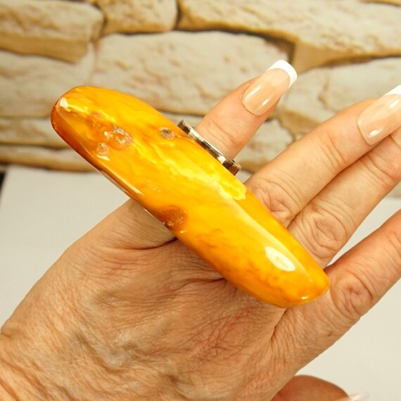 Giant Butterscotch Amber Sterling Silver Ring – O… - image 3