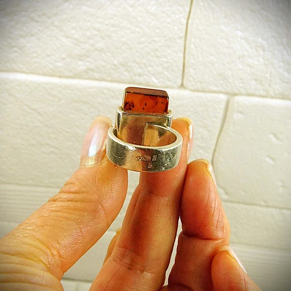 Rectangular Amber 925 Silver Ring - Opened Wide B… - image 13