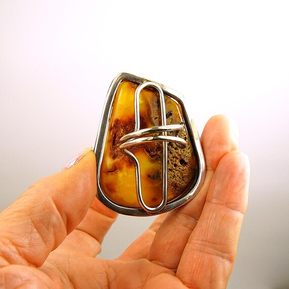 Giant Raw Butterscotch Amber Ring – 925 Sterling … - image 18