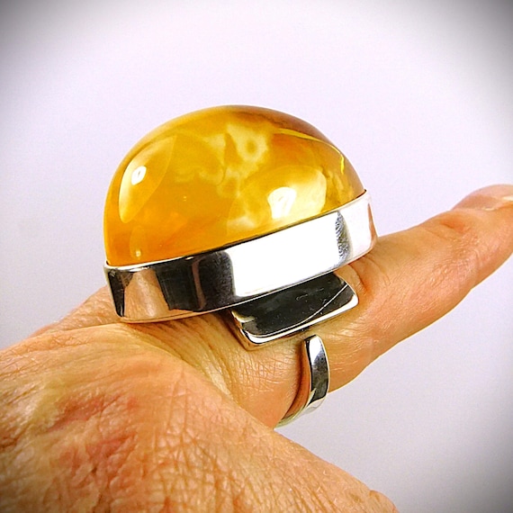 Massive Amber Ring - 925 Silver Adjustable Band -… - image 3