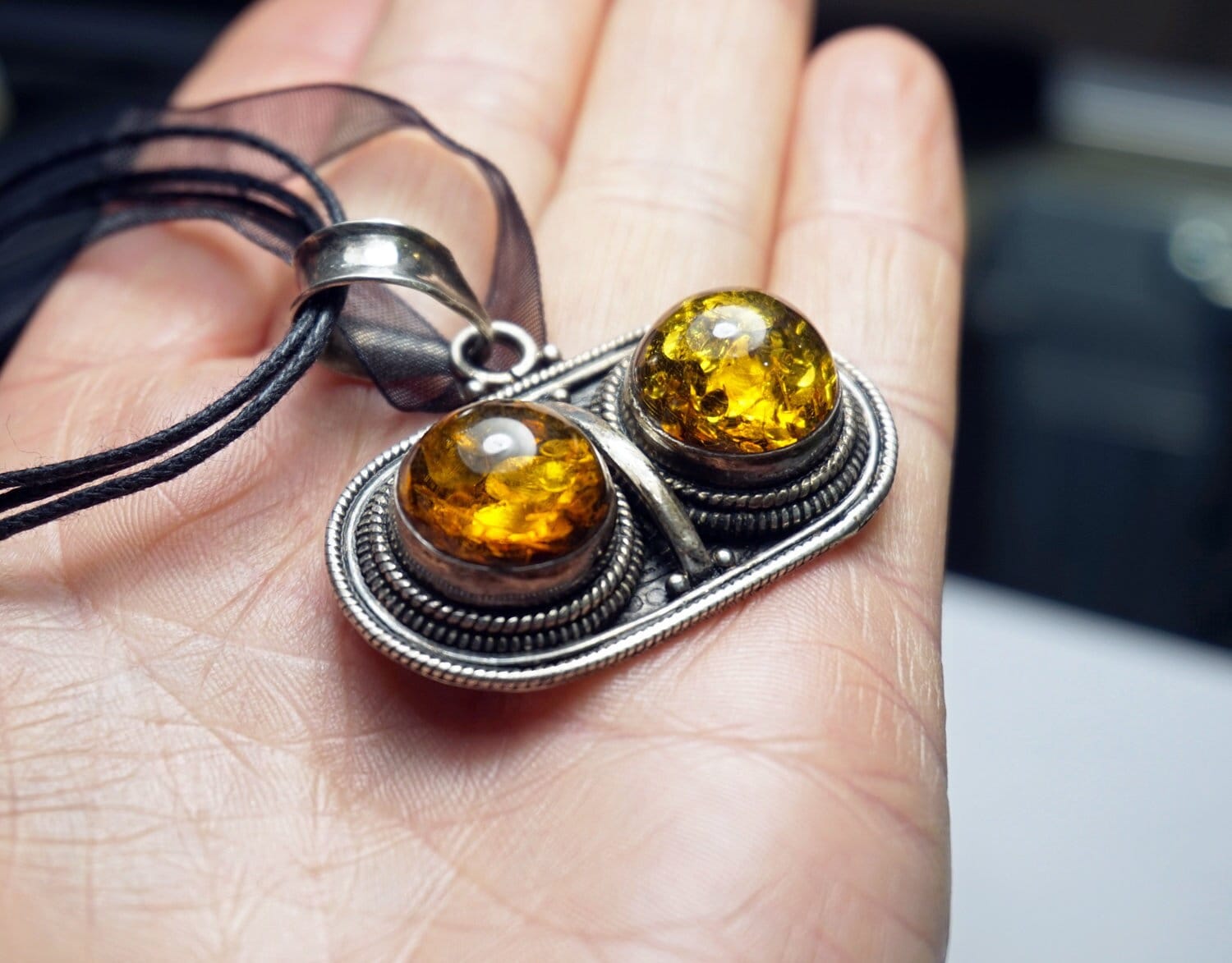 Amber Sterling Silver Large Pendant