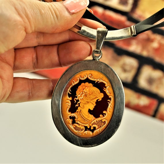 GIANT AMBER 925 Silver CAMEO Pendant, Heavy Weigh… - image 6