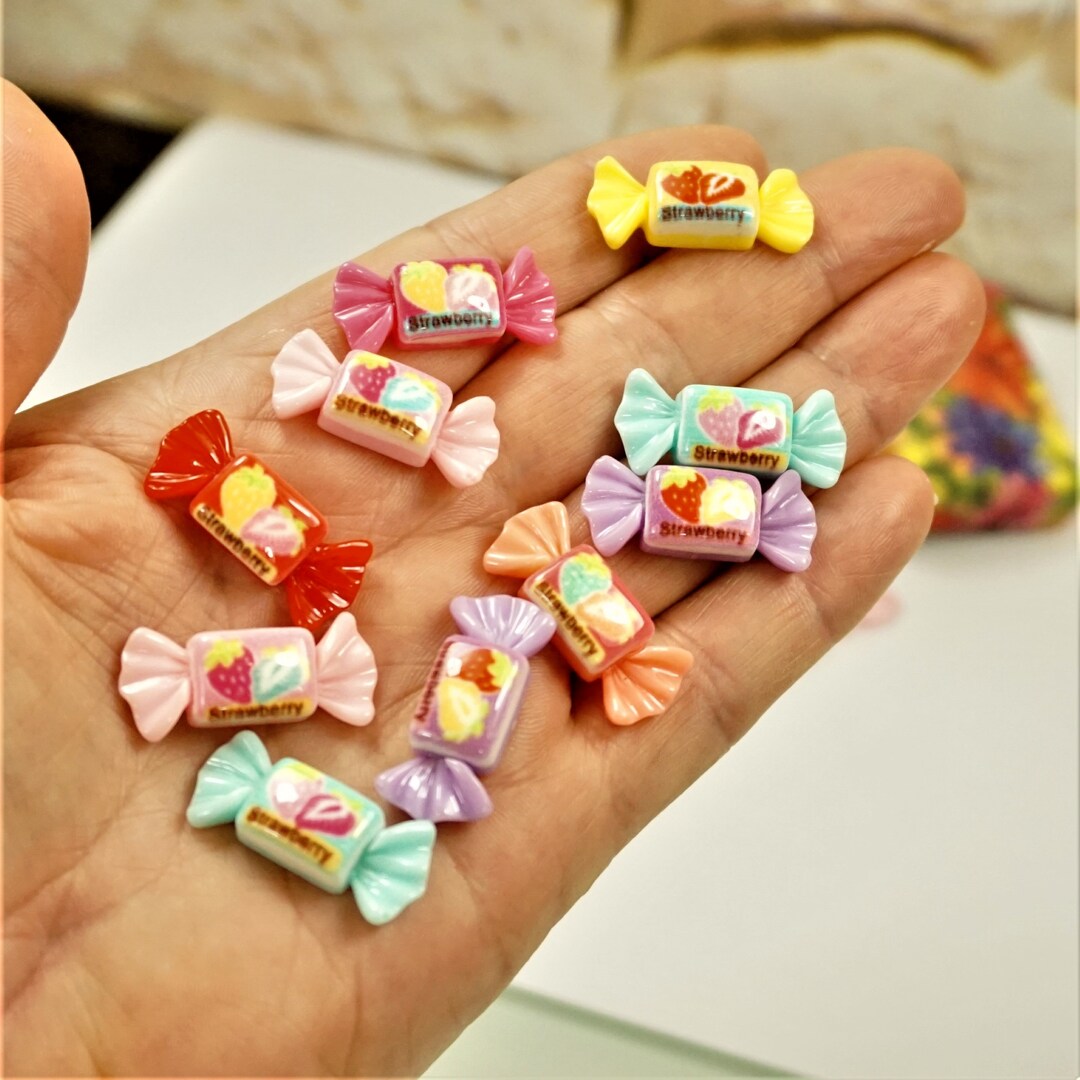 Strawberry Candy Cabochons, Dollhouse Miniatures, Resin Food (10