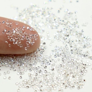 May include: A close-up of a pile of small, clear, round rhinestones. The rhinestones are scattered on a white surface.