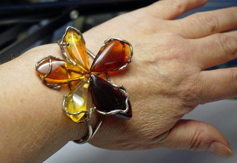 BALTIC AMBER Silver FLORAL Bracelet Multistone Amber Sterling Silver Cuff Bracelet Multicolor Genuine Amber Bracelet Holiday Gift For Women