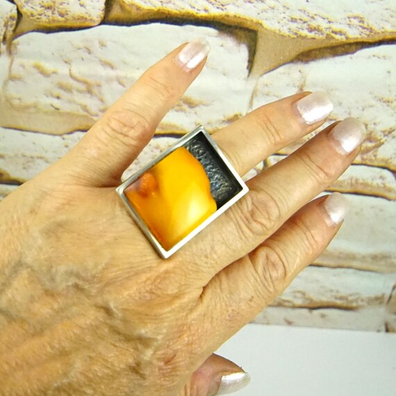 Massive Butterscotch Amber Ring | Modernist 925 S… - image 9