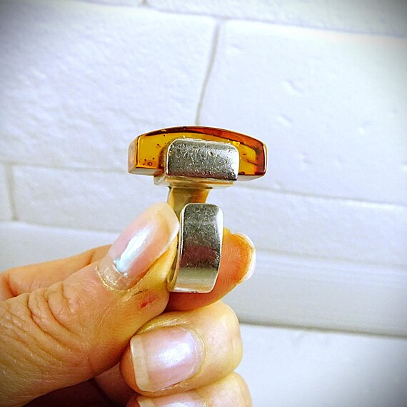 Rectangular Amber 925 Silver Ring - Opened Wide B… - image 4
