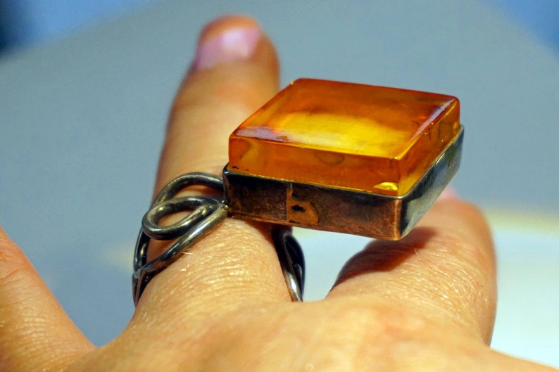ANTIQUE AMBER SILVER Ring Rare Estate 2 Fingers Adjustable Ring Oversized Amber Ring Unusual Square Baltic Amber Ring Unique Gift For Women