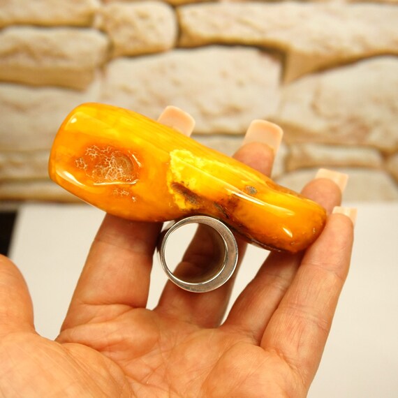Giant Butterscotch Amber Sterling Silver Ring – O… - image 2