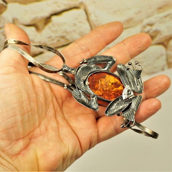 ANTIQUE AMBER FROG 925 Silver Pendant Oxidized si… - image 5