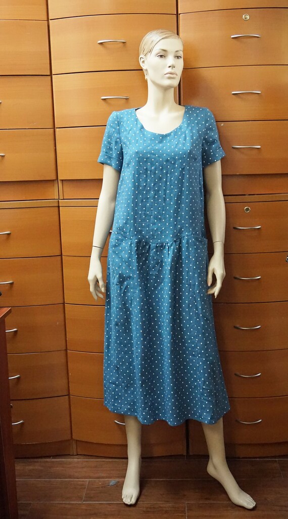 POLKA DOT LINEN Dress Loose Summer Blue Linen Midi