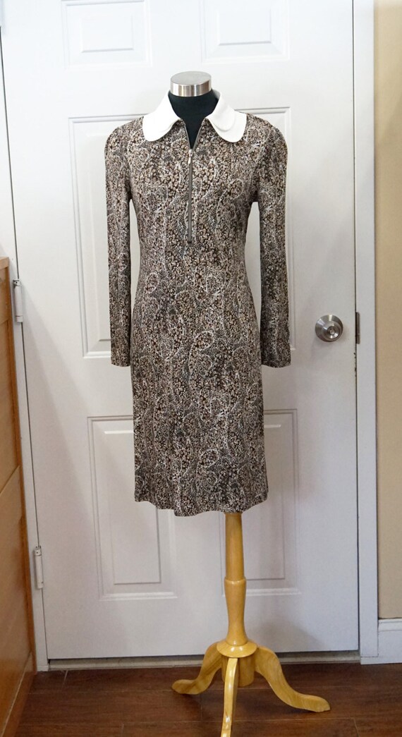 WHITE COLLAR DRESS Zipper Dress Long Sleeve Work Stretch Dress Zipper Viscose Dress Printed Beige Dress European Dress Natural Fabric Dress