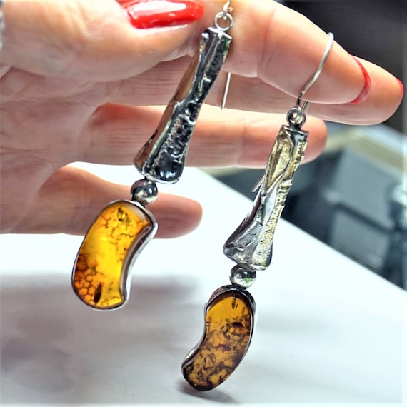 Rare AMBER EARRINGS Set in 925 Sterling Silver, Extra Long Dangle