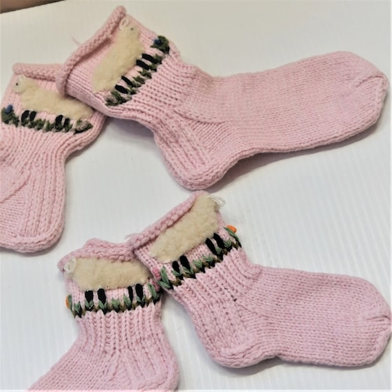 PINK PURE WOOL Knitted Socks For Girls With Sheep… - image 2