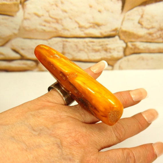 Giant Butterscotch Amber Sterling Silver Ring – O… - image 9