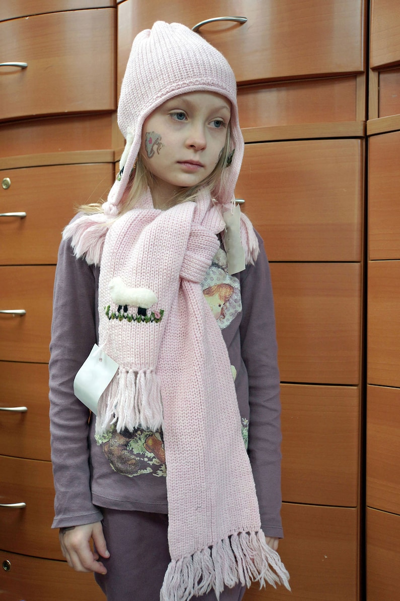 WINTER SET FOR Girls Knitted Wool Pink Hat Long Scarf 2 Pcs Set Girls Accessories Sheeps Decor Beanie Hat Christmas Gift Idea For Girls