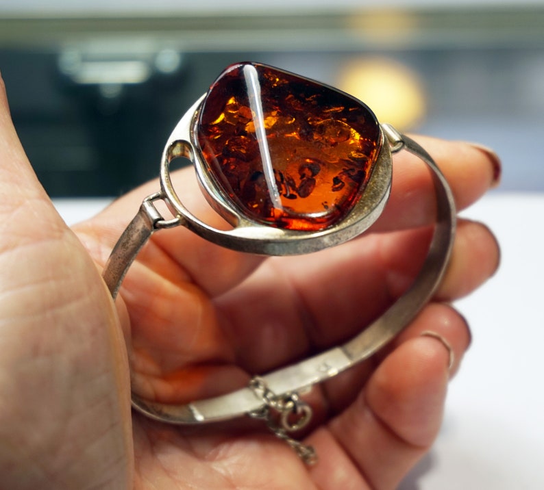 BALTIC AMBER SILVER Bracelet Big Cognac Amber Stone 925 Sterling Silver Bangle Bracelet 6.5 Unique Gift Ideas For Her Holiday Gift For Women
