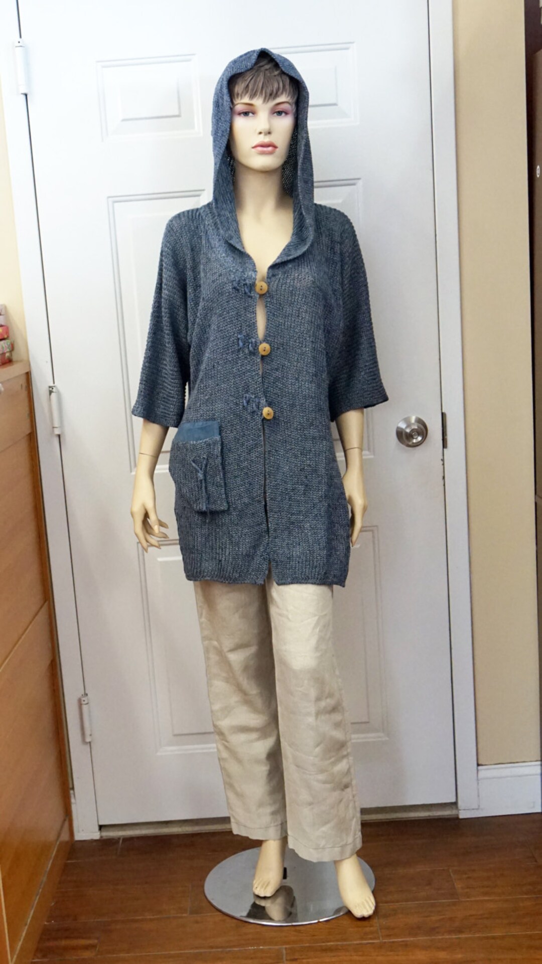 KNITTED LINEN Hooded Jacket With Wooden Buttons// Handmade Etsy