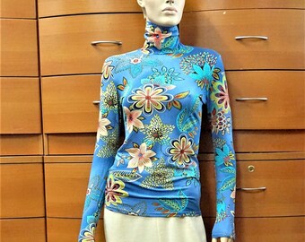 Floral Turquoise Turtleneck Top – Long Sleeve Stretch Jumper, Made in Europe