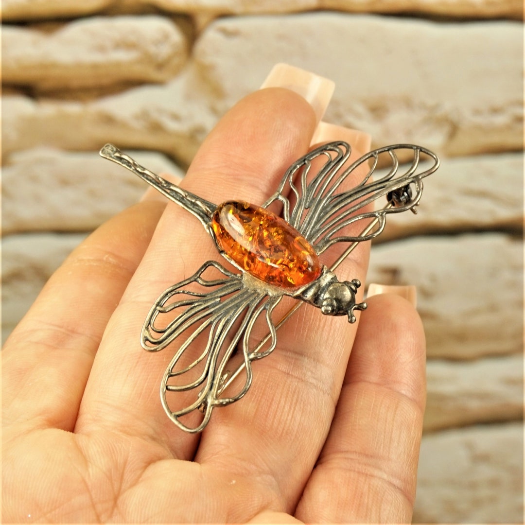 AMBER 925 STERLING BIG Dragonfly Brooch, Detailed Dragonfly