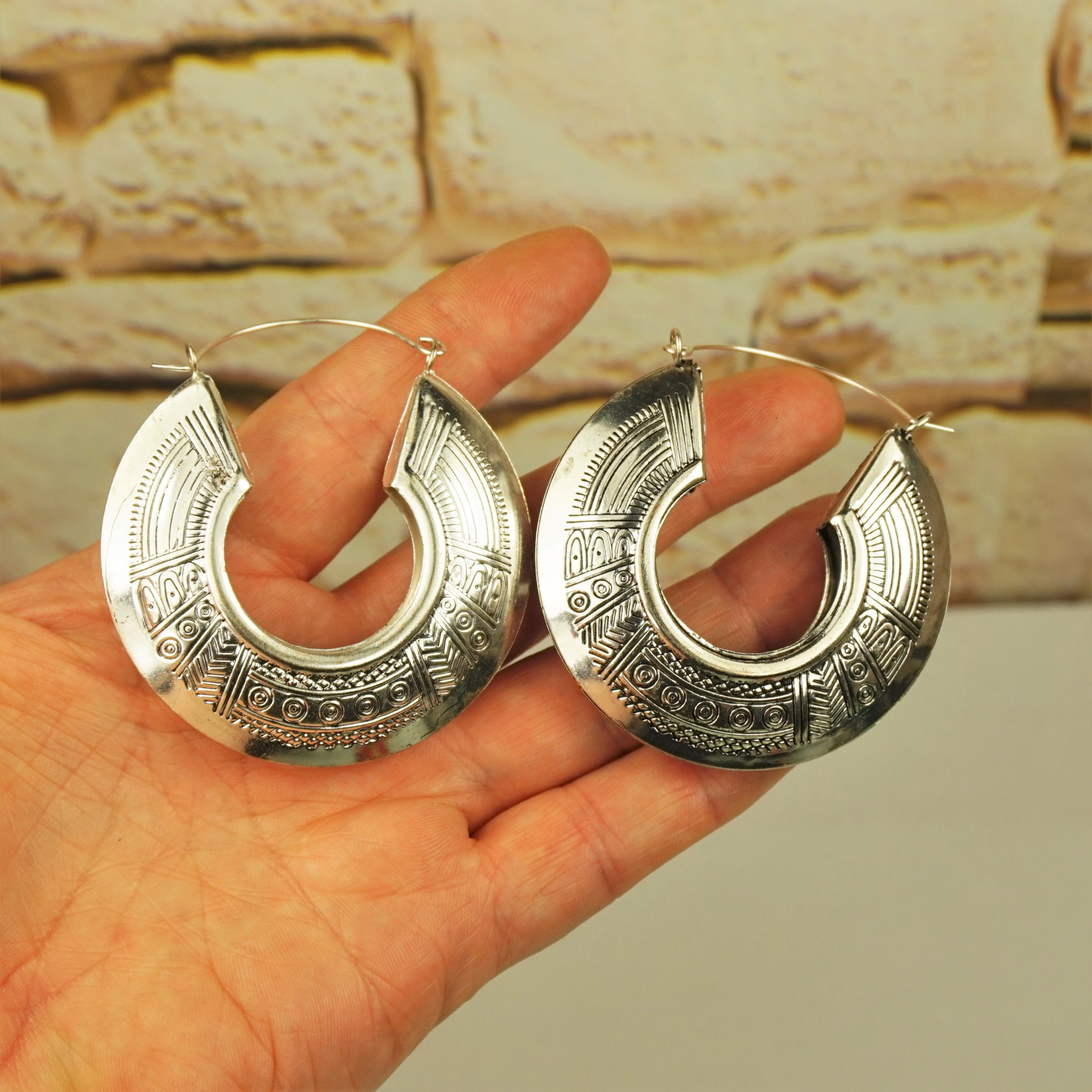 HUGE WESTERN HOOP Earrings Silver Tone Handmade Earrings | Etsy