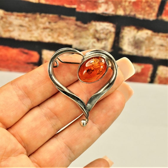 HEART AMBER BROOCH Amber 925 silver pin Best Chri… - image 2