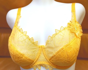 Yellow Lace Underwire Bra: Floral Embroidery, Full Coverage European Lingerie