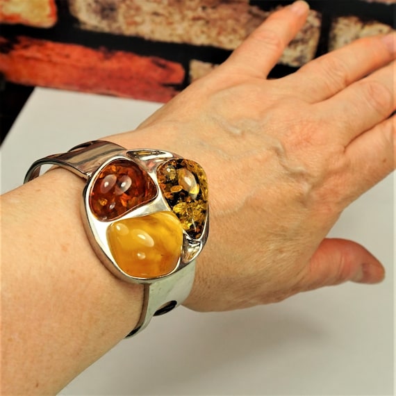 HUGE AMBER STERLING Bracelet, Multi Stone Baltic … - image 1