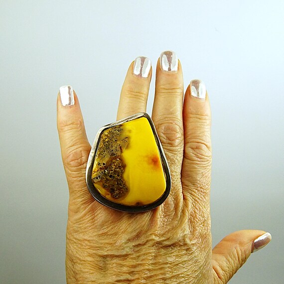 Giant Raw Butterscotch Amber Ring – 925 Sterling … - image 12