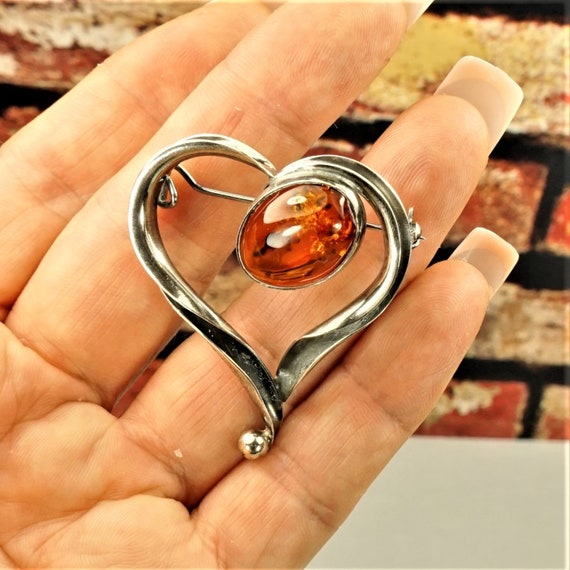 HEART AMBER BROOCH Amber 925 silver pin Best Chri… - image 5