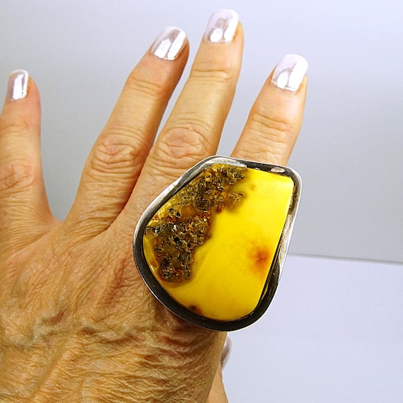 Giant Raw Butterscotch Amber Ring – 925 Sterling … - image 3
