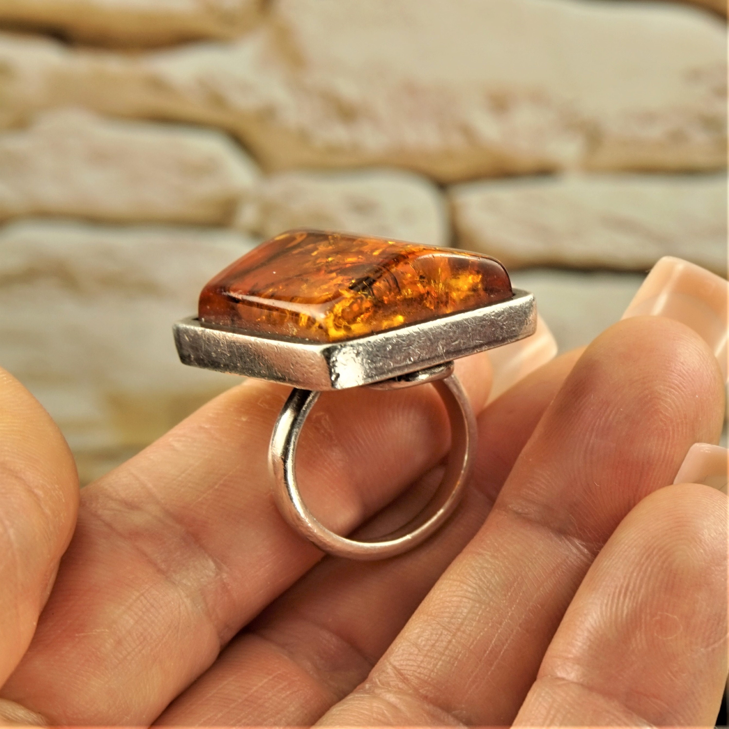 Sterling Silver & Baltic Honey Amber Flat Square Ring – Genuine Amber Cabochon, Open Setting, Unisex Style - View #8