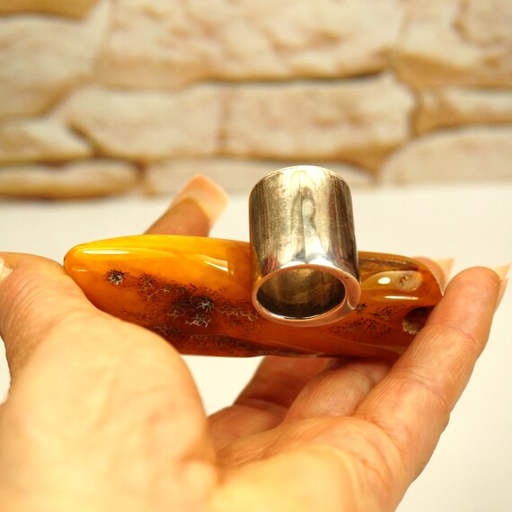 Giant Butterscotch Amber Sterling Silver Ring – O… - image 5