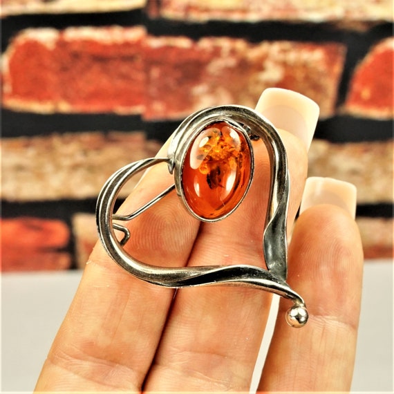 HEART AMBER BROOCH Amber 925 silver pin Best Chri… - image 3