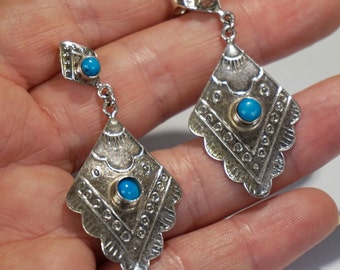 Navajo Sterling Silver  And Turquoise 2 Inch  Hoop Earrings 