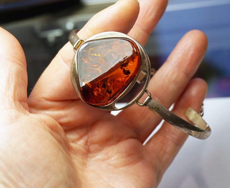 BALTIC AMBER SILVER Bracelet Big Cognac Amber Stone 925 Sterling Silver Bangle Bracelet 6.5 Unique Gift Ideas For Her Holiday Gift For Women