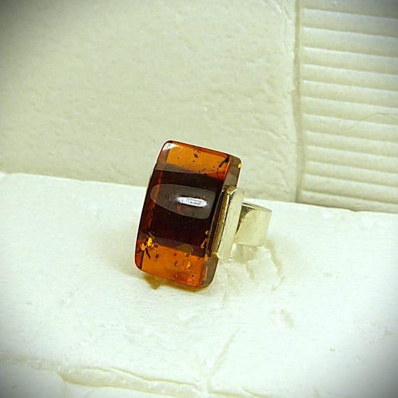 Rectangular Amber 925 Silver Ring - Opened Wide B… - image 6