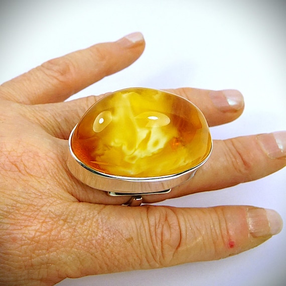 Massive Amber Ring - 925 Silver Adjustable Band -… - image 9