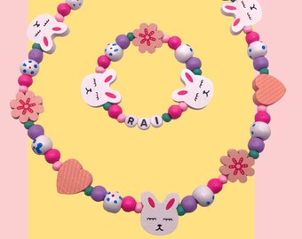 Toddler girl birthday gift, bunny jewelry for kids, heart floral necklace toddler, bracelet necklace wood jewelry set for children custom